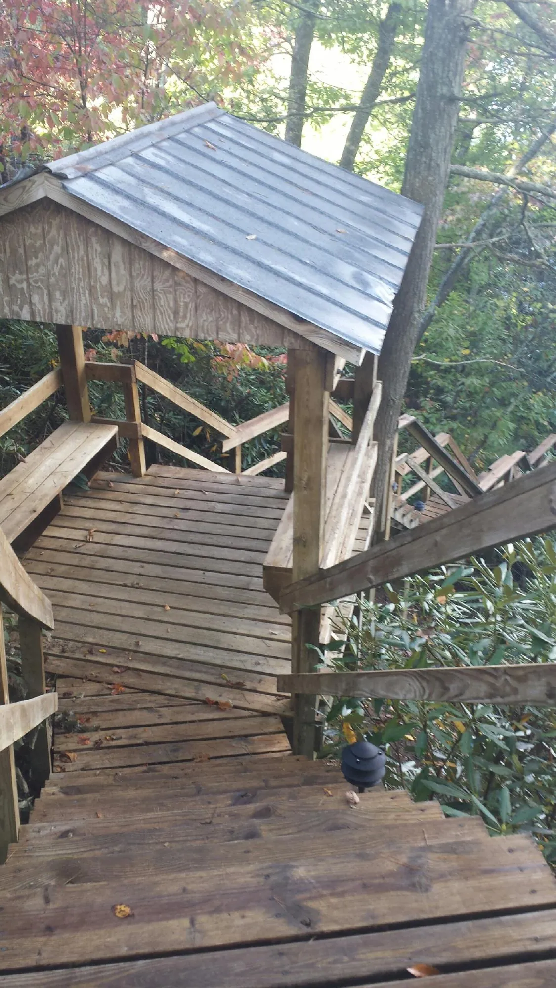 Metal roofed shelter over wooden steps on a wooded walkway — Skylight Repair & Installation work by our crew in Oak Brook